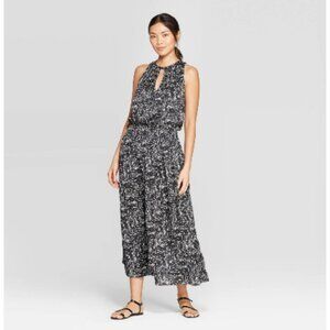 Women's Printed Sleeveless Halter Neck Smocking Maxi Dress Prologue Black L